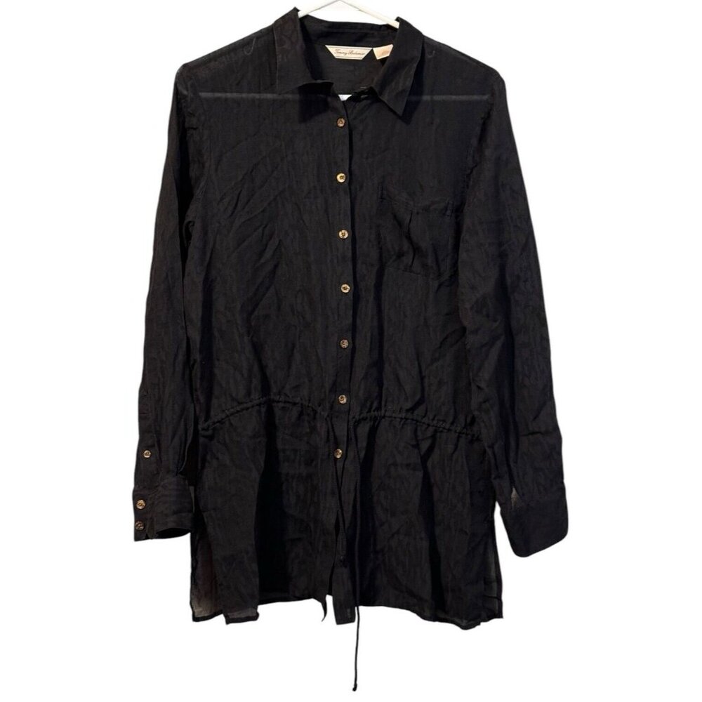 Tommy Bahama‎ Womens L Black Long Sleeved Button Up Silk Wool Blend Sheer Shirt